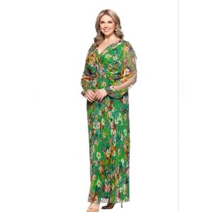 Betsy and Adam Chiffon Floral  Katarina V-Neck Long Sheer Sleeves Wrapped Dress